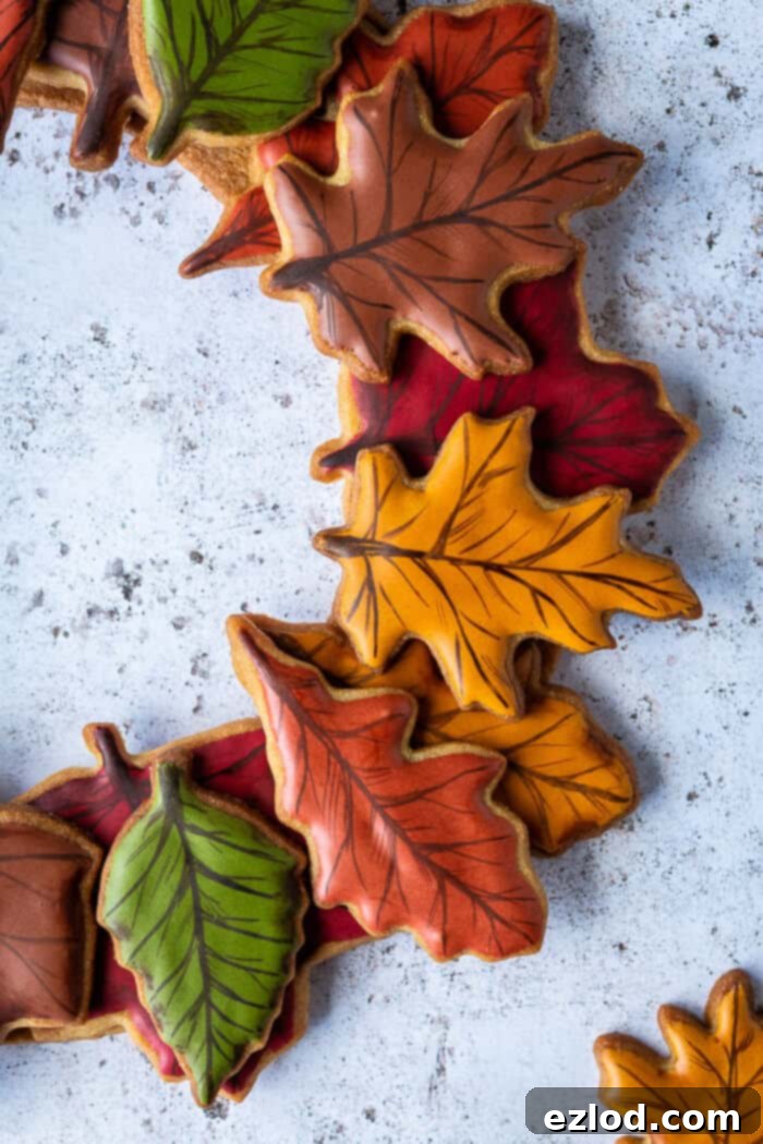 Close up of the leaf biscuits on a cookie wreath.