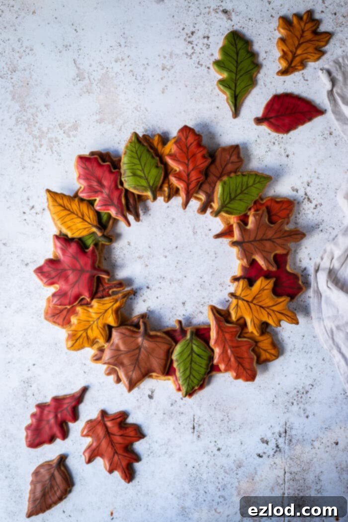 Autumn leaf maple biscuit wreath on a white background with extra leaf cookies.