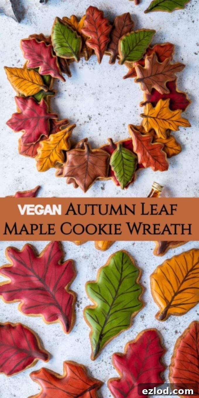 Maple cookie wreath – this adorable vegan Autumn leaf biscuit wreath is perfect as an impressive centrepiece for any Autumnal celebration. Made with delicious maple flavoured cookies decorated with vegan royal icing. #veganbaking #vegancookies #maplecookies #cookiewreath #biscuits img 10106 15
