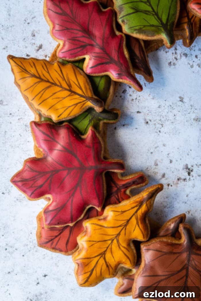 Close up of a red maple leaf cookie on a cookie wreath.