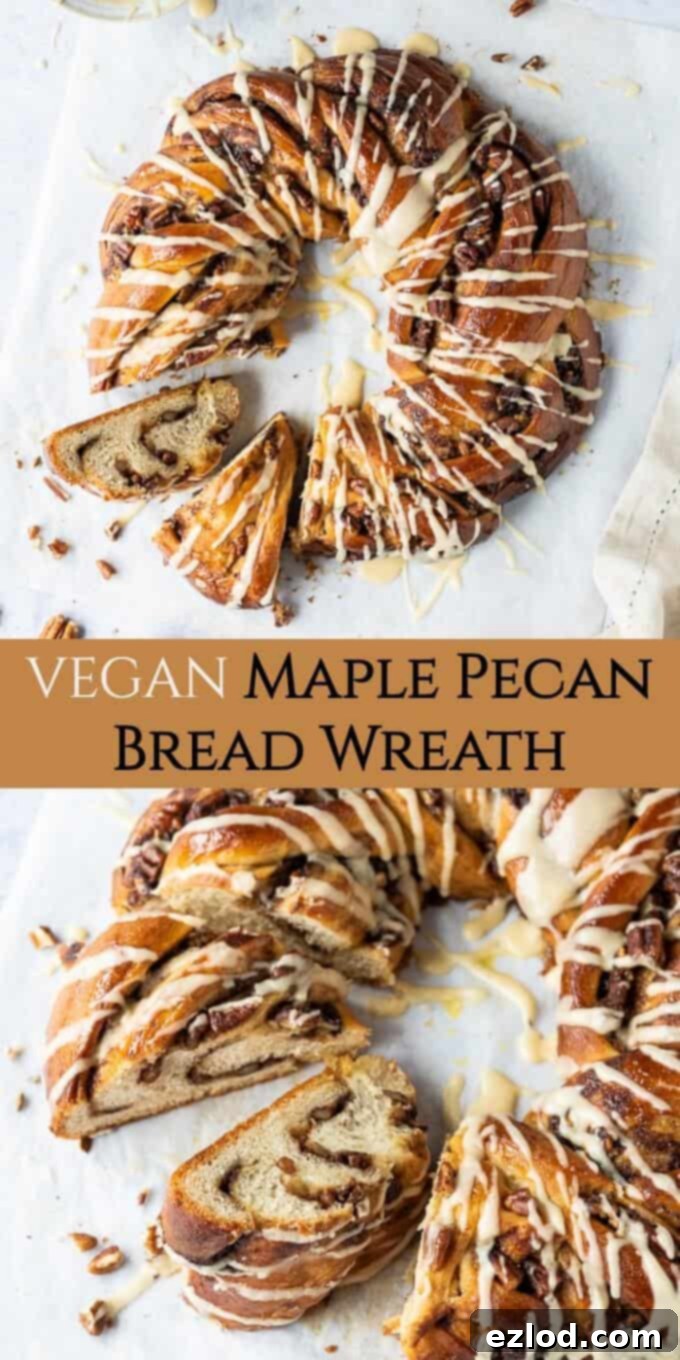 A large, beautifully crafted vegan maple pecan bread wreath displayed in its full glory on a simple background, highlighting its golden crust and intricate twisted design. Perfect for an indulgent breakfast or brunch.