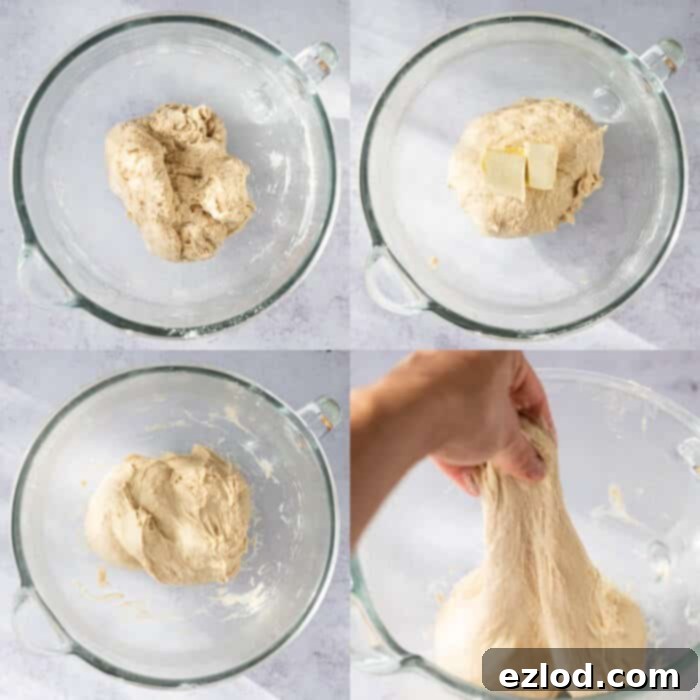 Step-by-step image showing the process of making the bread dough in a stand mixer, with flour, yeast, salt, milk, and maple syrup combined.