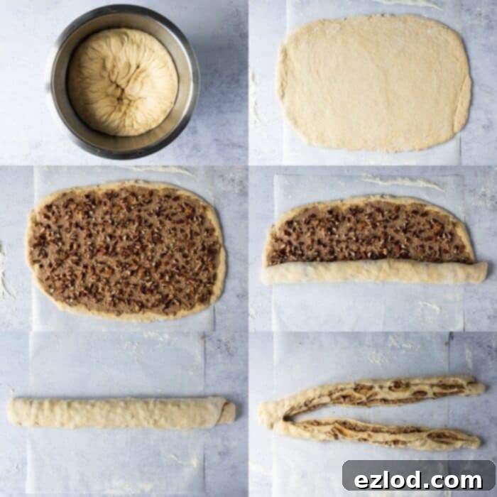 Step-by-step image demonstrating the shaping of the bread wreath: the dough is rolled, filled, sliced lengthways, and twisted into a couronne form.
