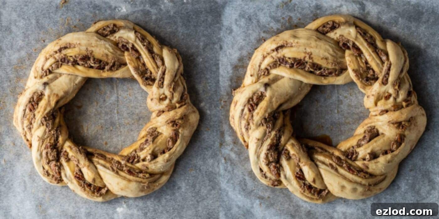 Step-by-step image showing the shaped maple pecan bread wreath undergoing its second rise on a baking tray, loosely covered.