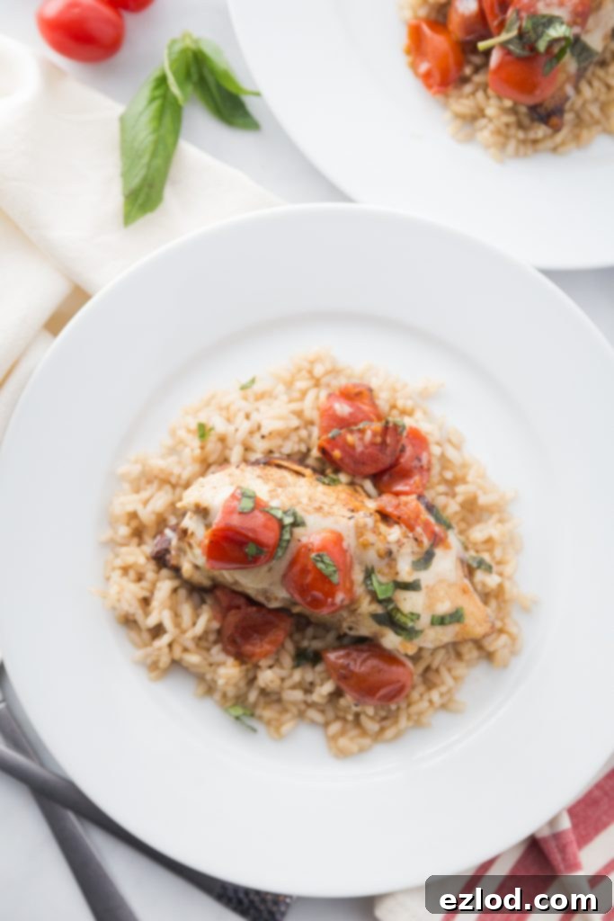Overhead Shot of Caprese Chicken over Brown Rice