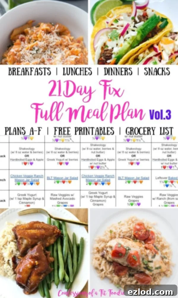 Photo Collage with text overlay 21 Day Fix Full Meal Plan with breakfast lunch dinner snacks and a full grocery list