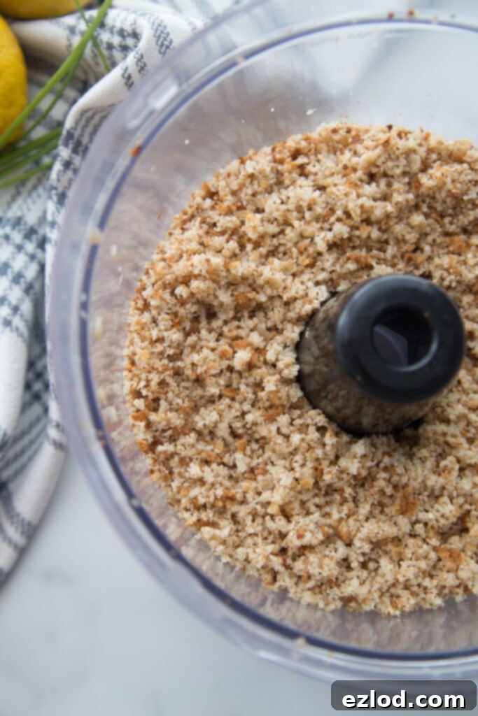 Homemade breadcrumbs in a food processor