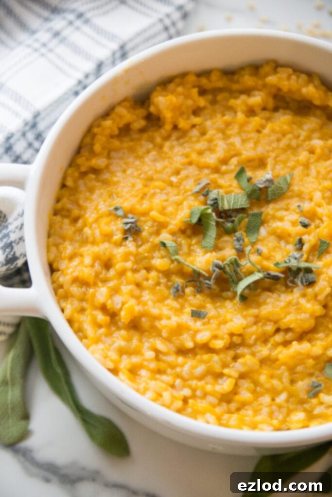 Instant Pot Butternut Squash Risotto in a white bowl with fresh sage garnish