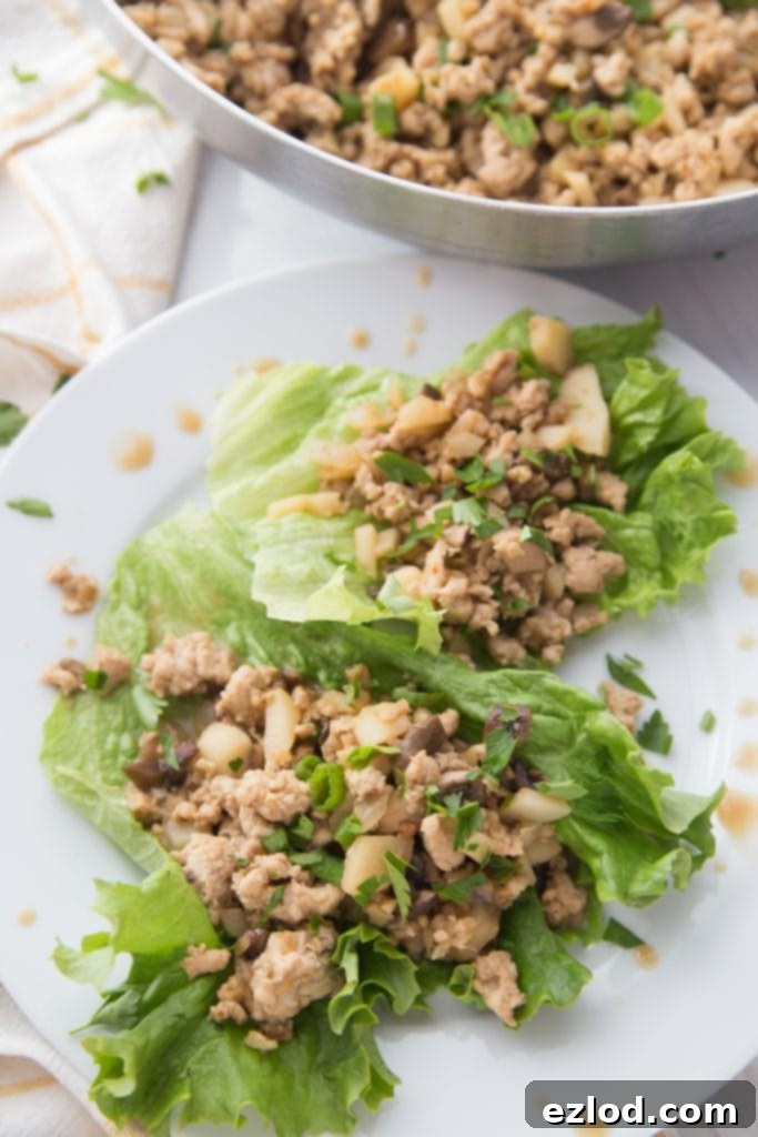 Healthy chicken lettuce wraps on a white plate with fresh cilantro.