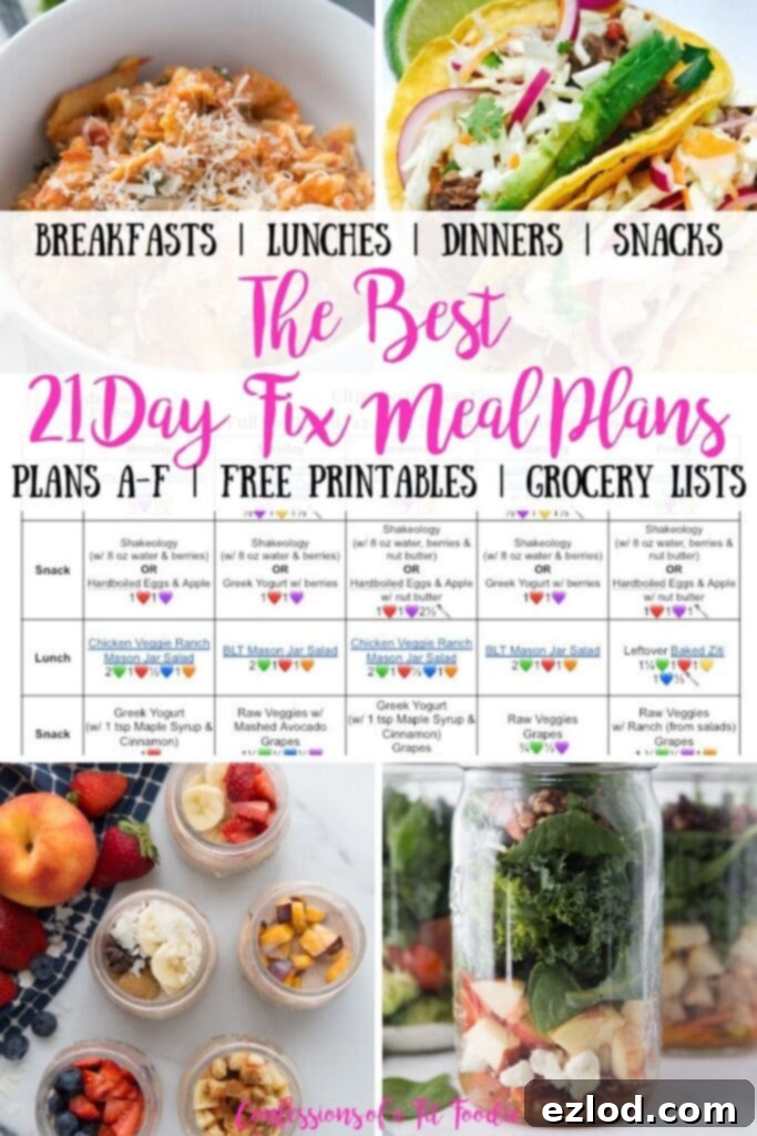 A vibrant collage of healthy and delicious meals, showcasing various dishes suitable for a 21 Day Fix meal plan, with a focus on fresh ingredients and colorful presentation. Text overlay emphasizes '21 Day Fix Meal Plans' and 'Ultimate Portion Fix Planner'.