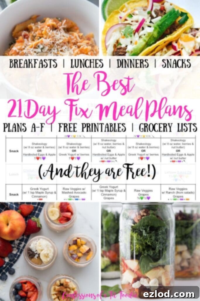 A vibrant second collage of healthy and delicious 21 Day Fix meals, complementing the first image, with a strong focus on meal prep containers filled with balanced food, ready for the week. The text '21 Day Fix Meal Plans' is prominently featured.