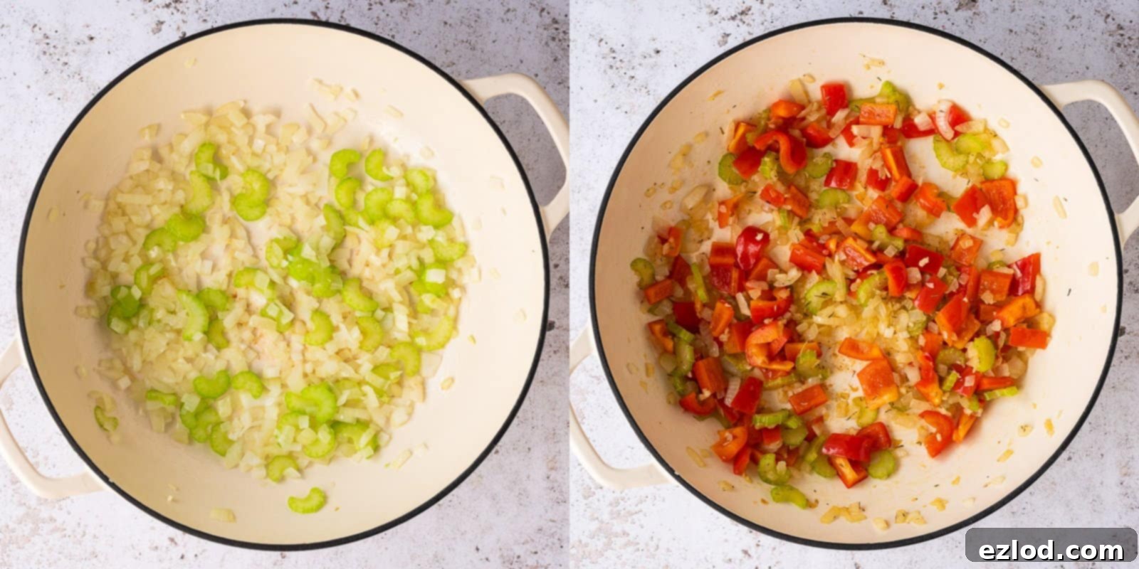 Step 1 of making the soup - cooking the vegetables: onion, celery, and red bell pepper sautéing in a pan.