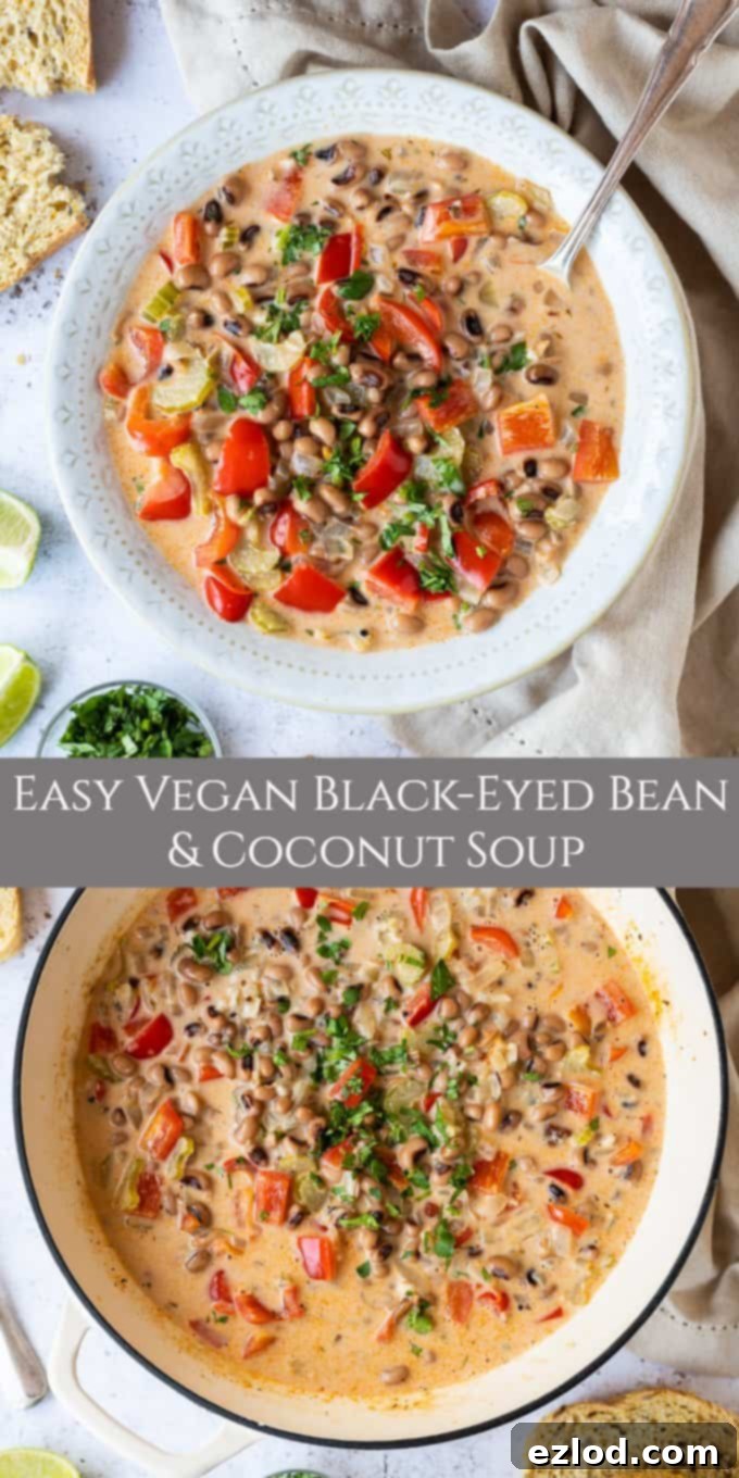black-eyed bean soup pinterest image - a white bowl of soup surrounded by fresh ingredients
