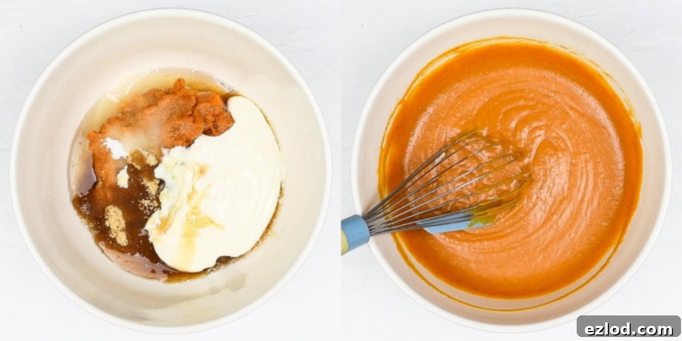 Step 2: Expertly mixing the wet ingredients, including pumpkin puree and plant-based yogurt, for the vegan pumpkin muffins.