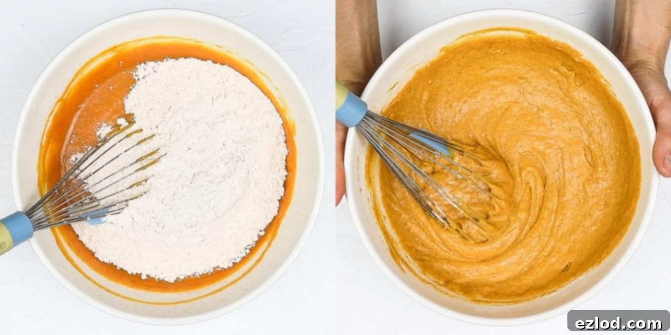 Step 3: Gently combining the wet and dry ingredients until just mixed, ready for baking.