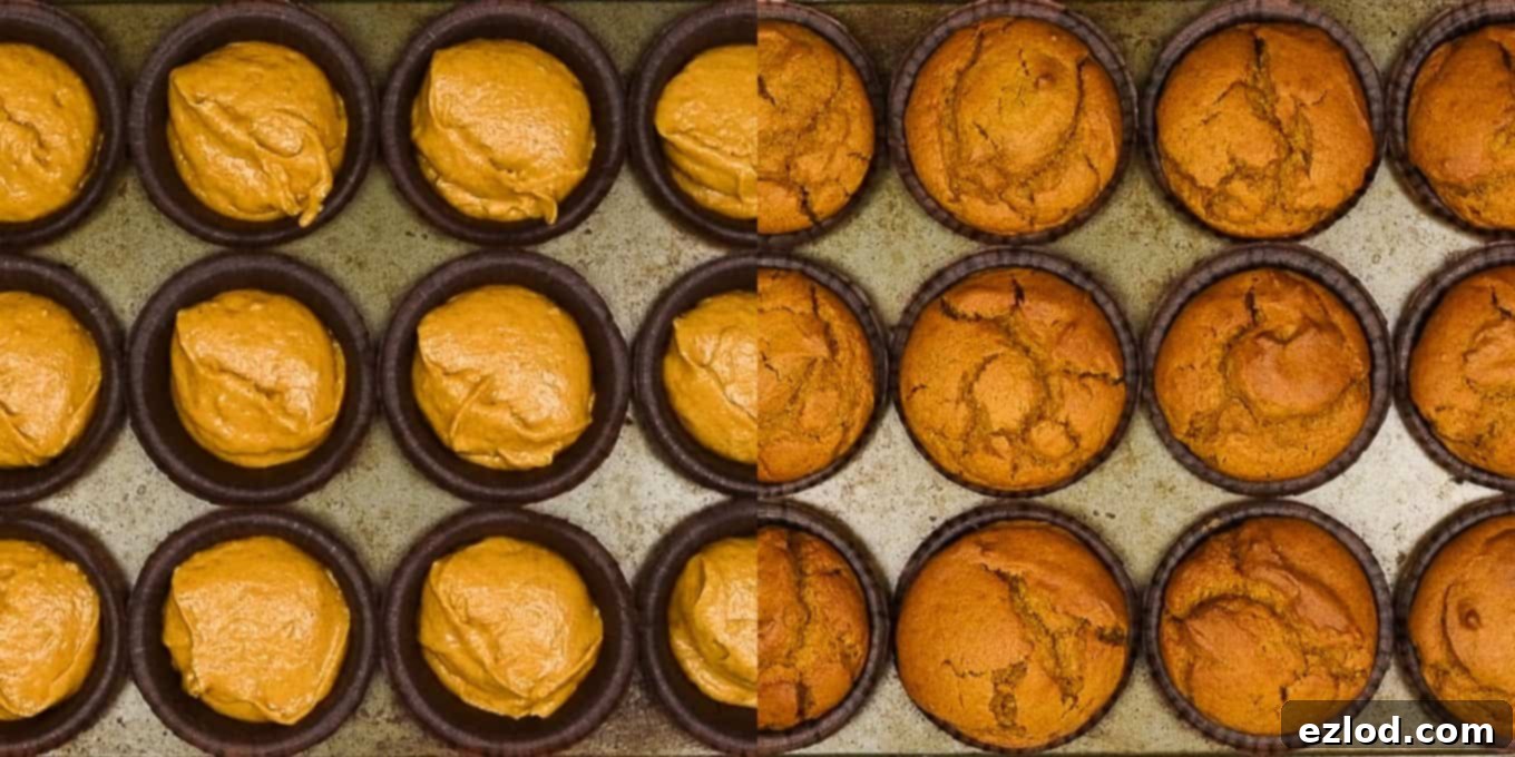 Step 4: A muffin tin filled with vegan pumpkin muffin batter baking in the oven.
