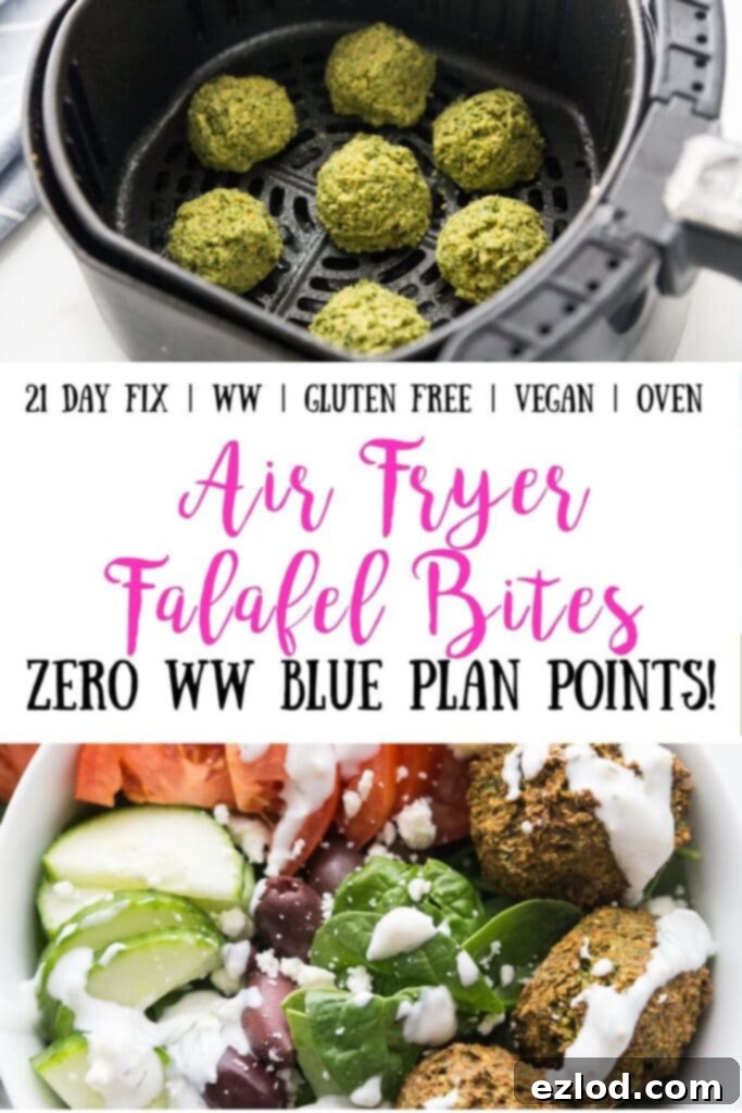 Overhead photo of large white bowl filled with Falafel bites and veggies including spinach, cucumbers, tomatoes, and olives, topped with tzatziki dressing with lemon wedges on the side; with the text overlay, 21 Day Fix | WW | Gluten Free | Vegan | Oven | Air Fryer Falafel Bites | Zero WW Blue Plan Points!