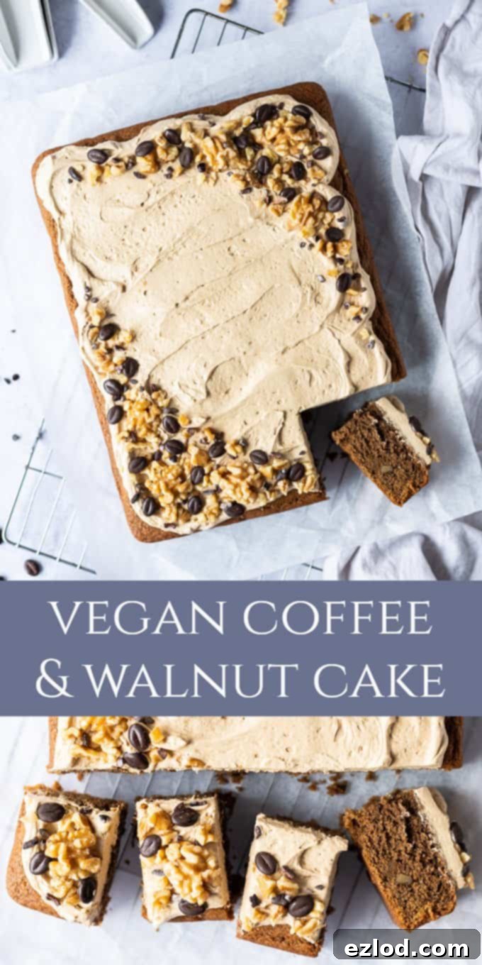 A Pinterest-optimized image showcasing the vegan coffee and walnut cake. The traybake is sliced, revealing its moist interior, topped with generous coffee buttercream and garnished with walnuts and chocolate coffee beans, perfect for inspiring home bakers.