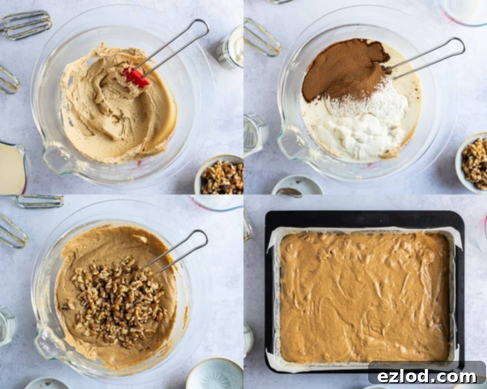 Step-by-step image showing the process of making vegan coffee and walnut cake batter in a mixing bowl. All ingredients are combined and gently whisked, demonstrating the correct consistency before adding walnuts and baking.