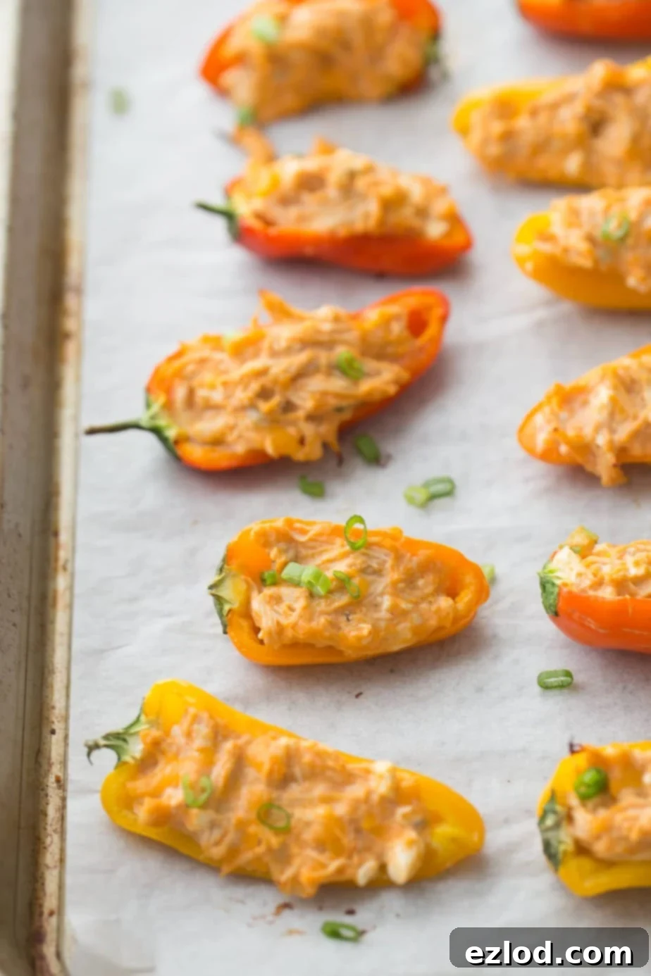 Fiery Buffalo Chicken Stuffed Peppers 2 Close up of a Sheet pan lined with parchment paper with rows of orange and yellow mini Healthy Buffalo Chicken Dip Stuffed Peppers, ready to be cooked.