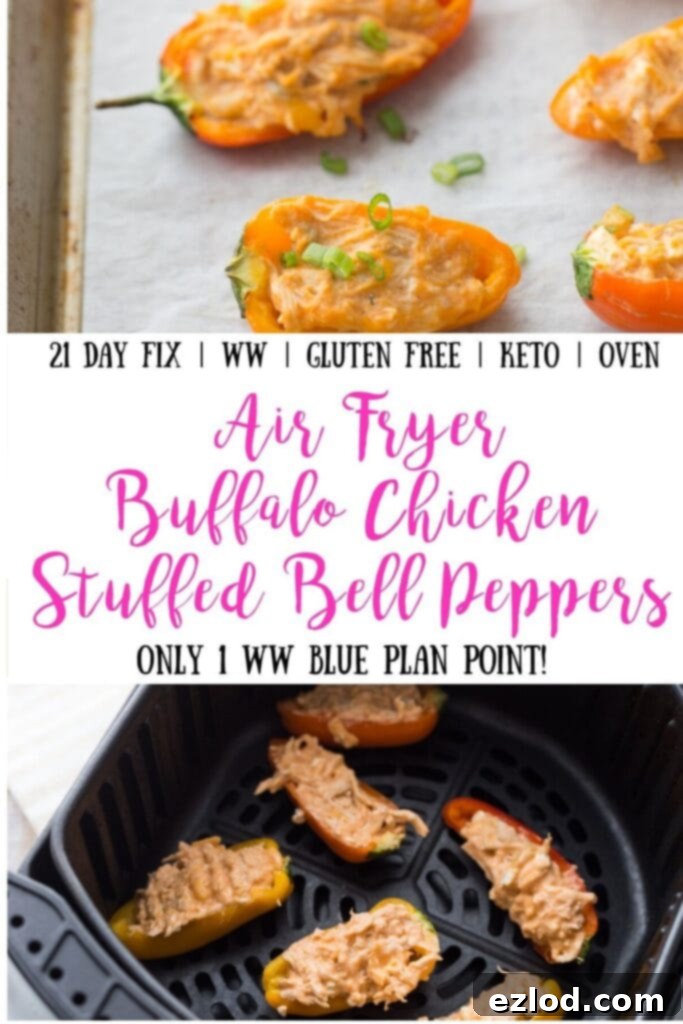 Fiery Buffalo Chicken Stuffed Peppers 12 Pinterest collage graphic showcasing various angles of Healthy Buffalo Chicken Dip Stuffed Peppers, designed for easy sharing and discovery.