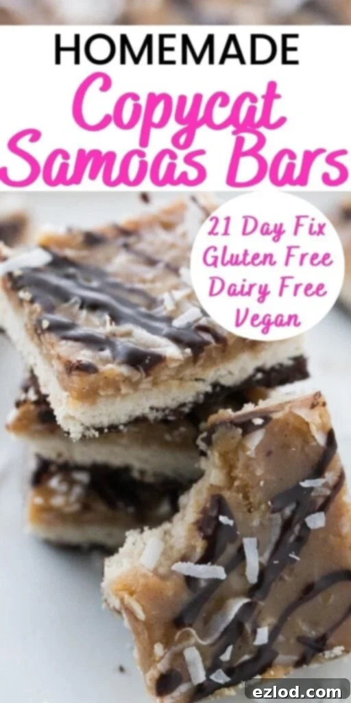 A vibrant photo collage featuring various angles of CopyCat Samoas Bars, highlighting their delicious layers and inviting texture. The text overlay prominently reads 'CopyCat Samoas Bars', reinforcing the recipe's focus.