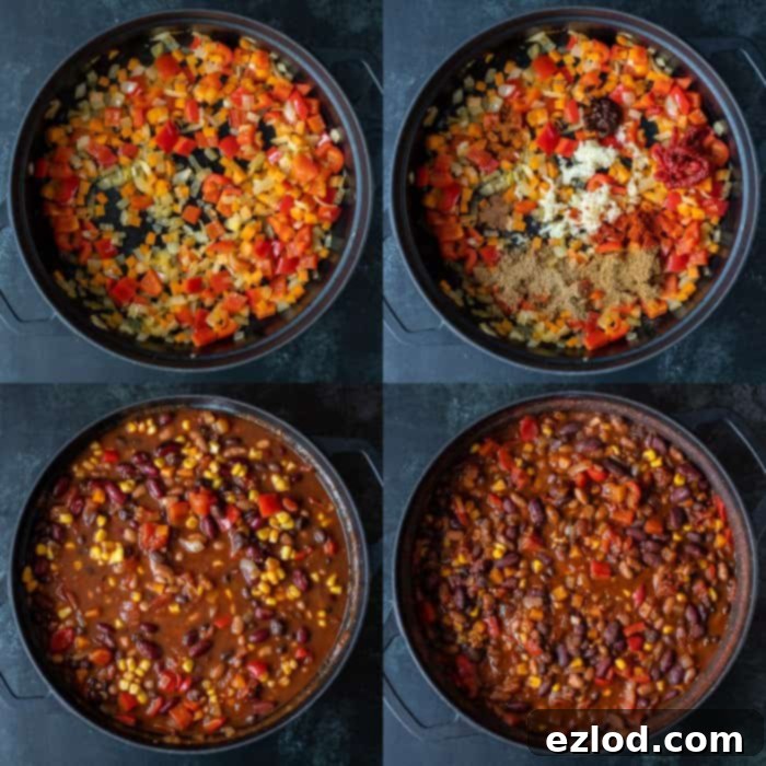 Step-by-step image showing the chili cooking in a large cast iron pot, rich and simmering.
