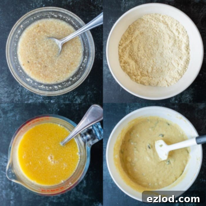 Step-by-step image showing the vegan cornbread batter in a mixing bowl, ready to be spread over the chili.