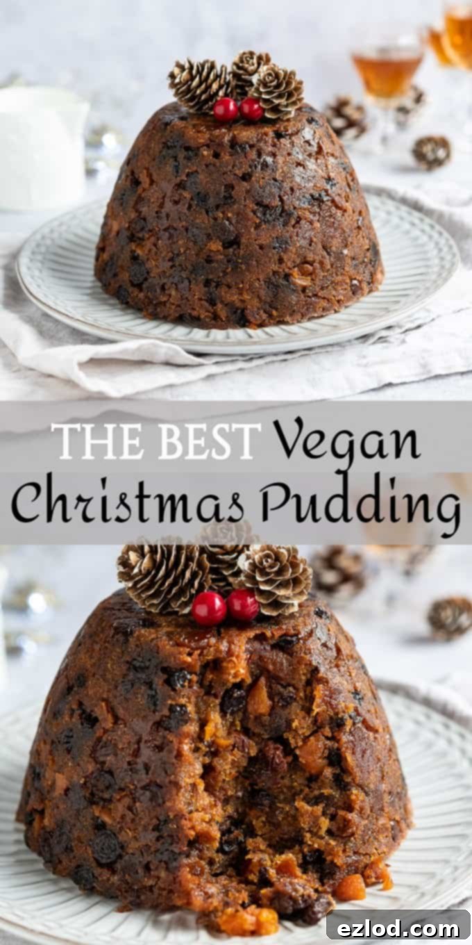 A Pinterest-optimized image featuring a beautifully presented vegan Christmas pudding, perfect for sharing. The pudding is rich, moist, and adorned with festive garnishes, promoting it as an easy and delicious plant-based holiday dessert.