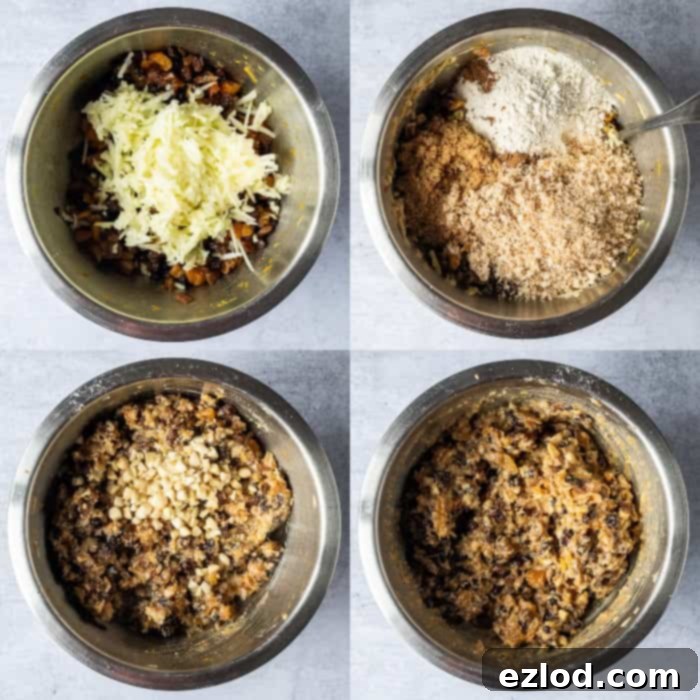 Step-by-step image showing the process of mixing all the ingredients together in a large bowl to form the pudding mixture, illustrating the rich, dense consistency before it goes into the basin.