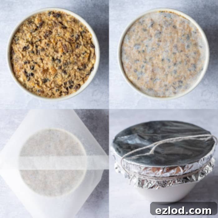 Step-by-step image demonstrating how to prepare the pudding basin: filling it with mixture, covering it with pleated baking parchment and foil, and securing it tightly with string to create a handle for steaming.