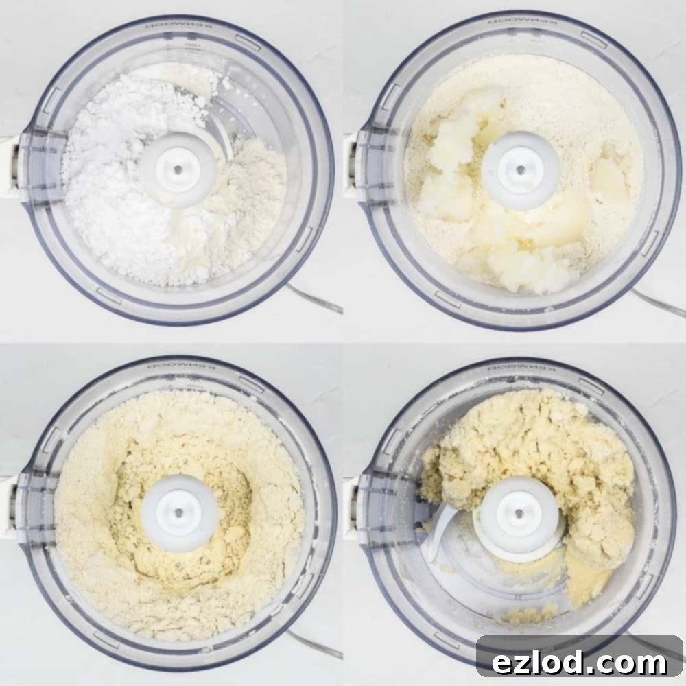 Step-by-step image showing the process of making vegan pie pastry in a food processor, resembling fine breadcrumbs.