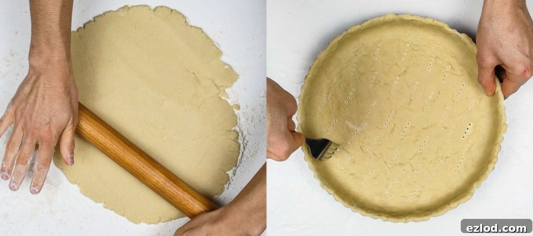 Step-by-step image showing vegan pie pastry being pressed into a pie dish, ready for blind baking.