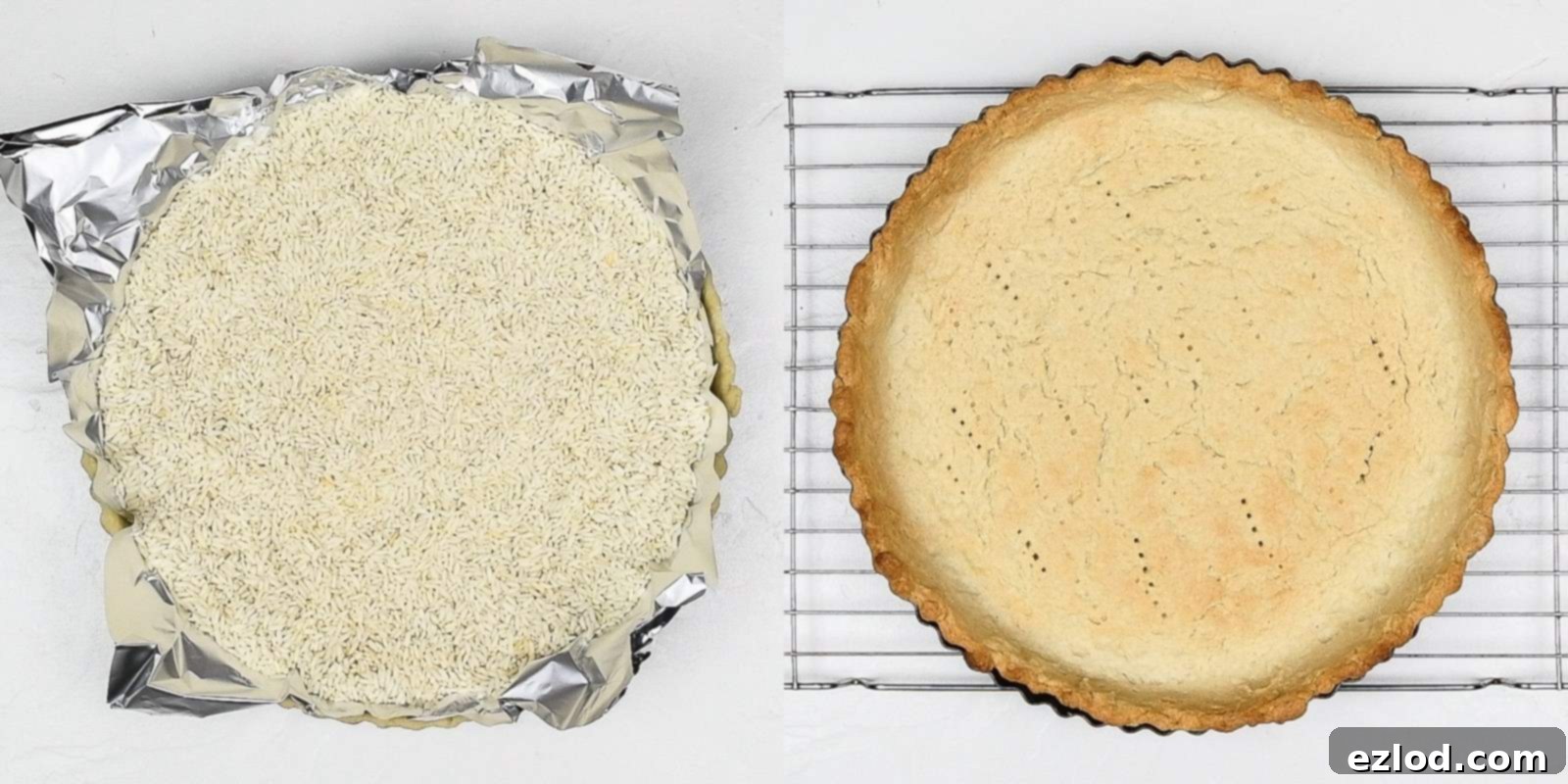 Step-by-step image showing vegan pie pastry filled with baking beans and lined with foil for blind baking.