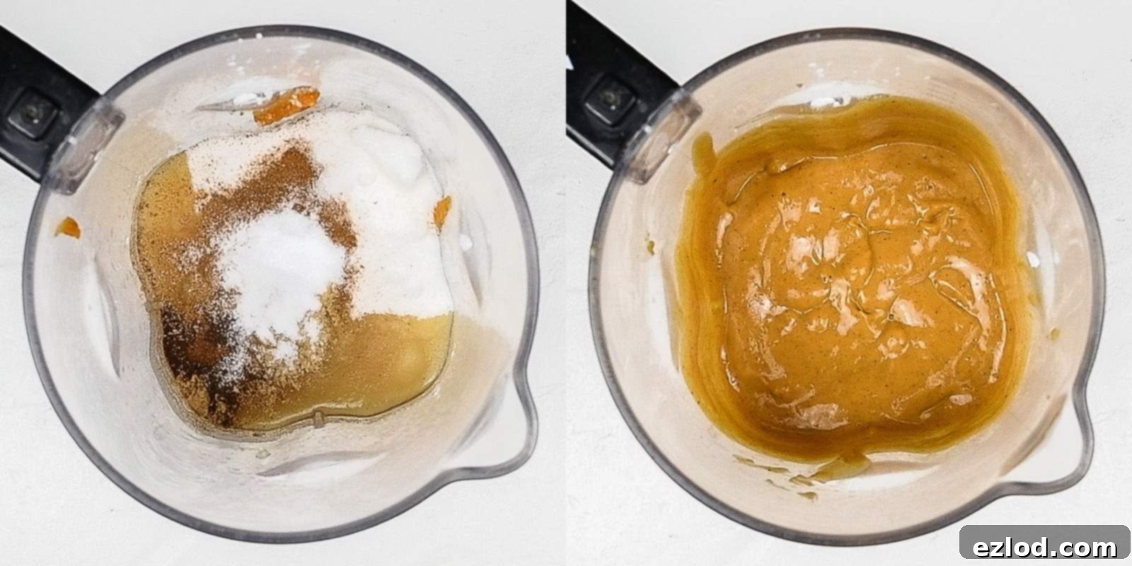 Step-by-step image showing pumpkin pie filling ingredients being blended in a food processor until smooth.