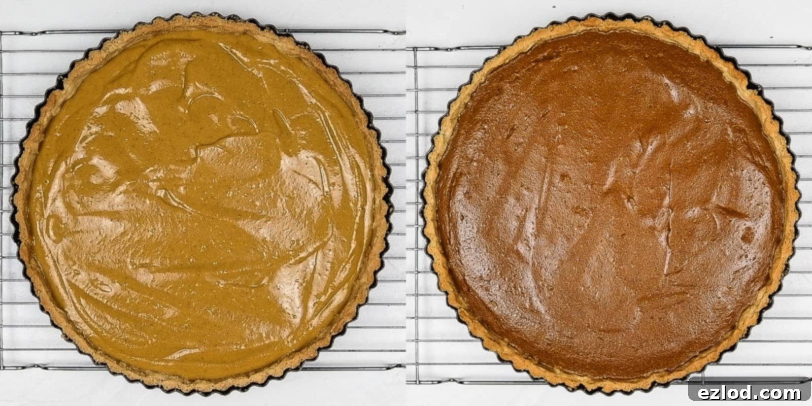 Step-by-step image of the vegan pumpkin pie in the oven, showing the filling in the crust.