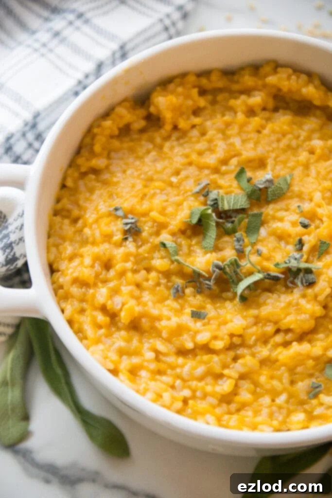 Creamy Instant Pot Butternut Squash Risotto in a bowl, garnished with fresh herbs and Parmesan.