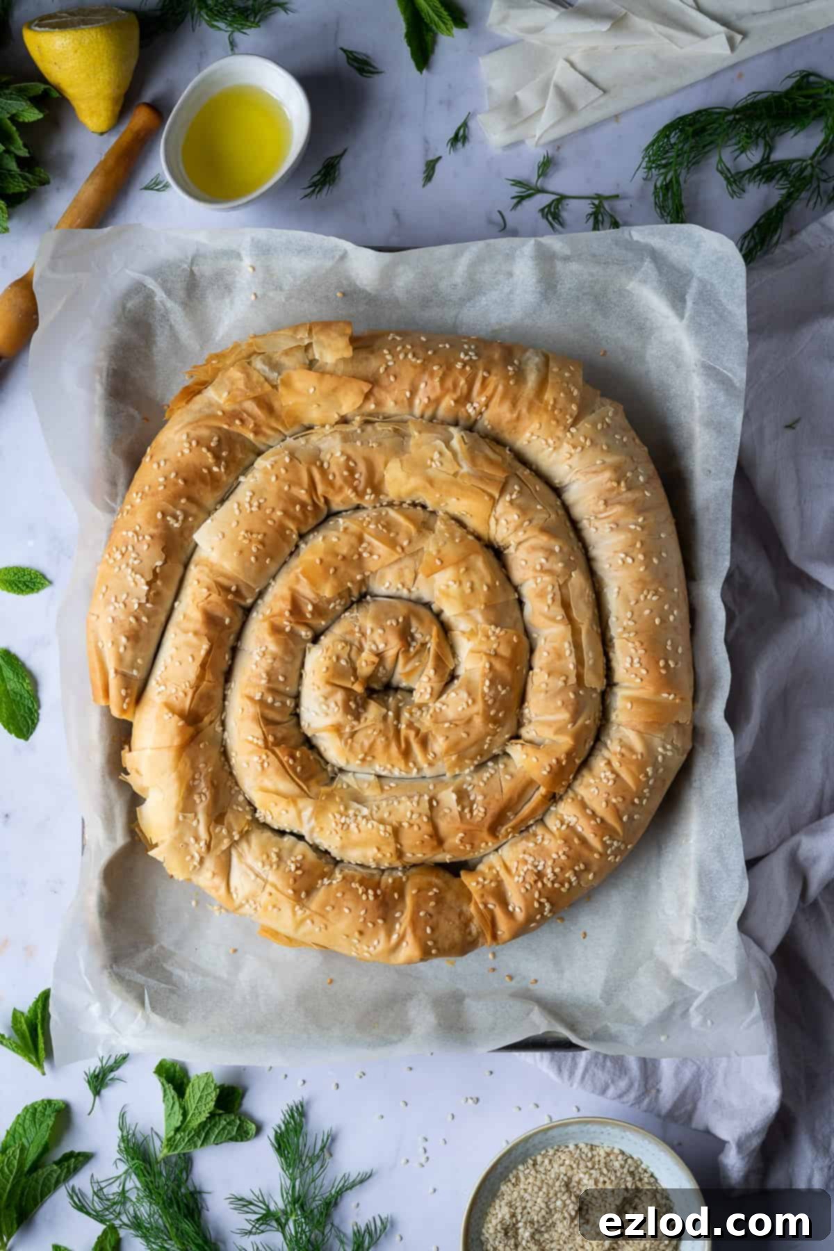 Golden brown vegan spanakopita spiral on a baking sheet, garnished with fresh herbs.