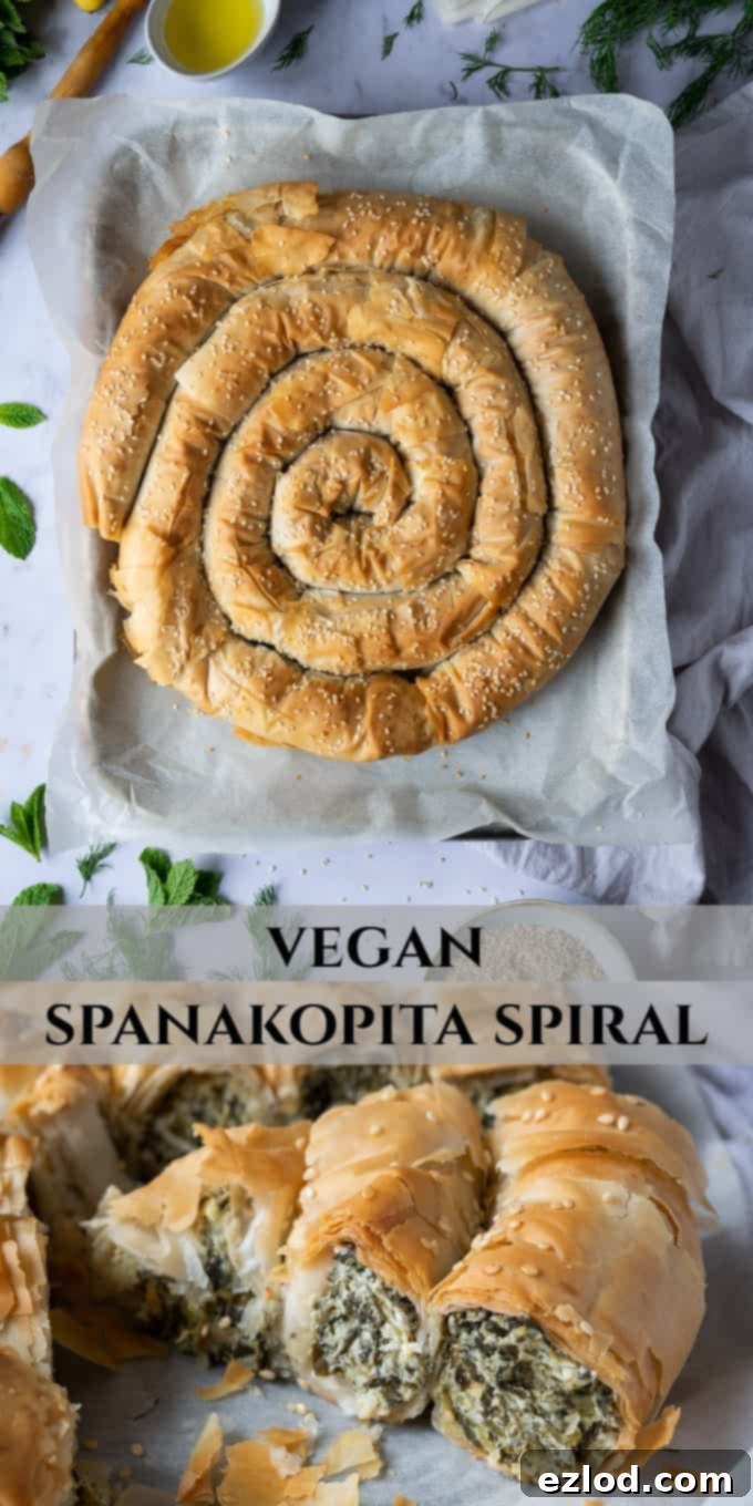 Pinterest image: Vegan spanakopita spiral with spinach and almond feta.