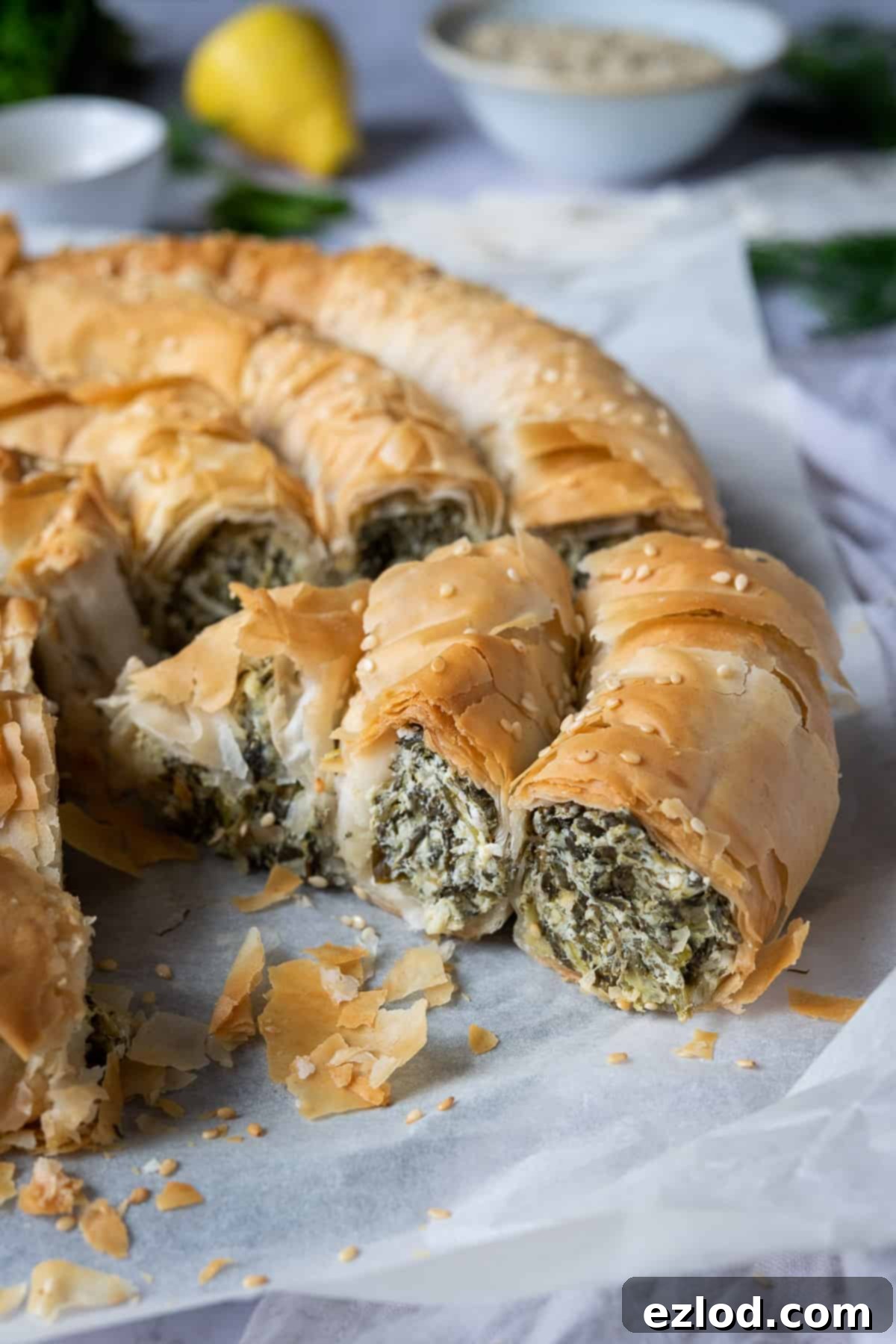 Close-up of a perfectly sliced piece of vegan spanakopita spiral revealing the rich spinach filling.