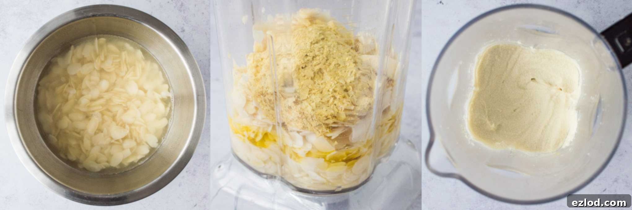 Step-by-step image showing ingredients for making almond cheese in a blender.