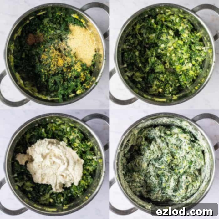Step-by-step image showing the spanakopita filling ingredients mixed in a bowl.