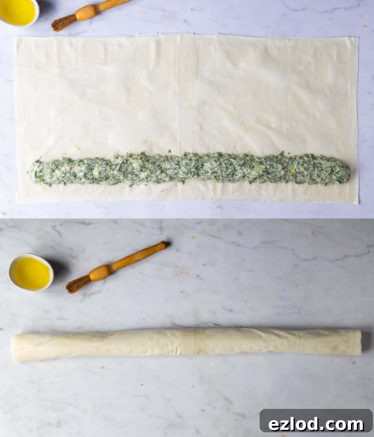 Step-by-step image showing spinach and almond cheese filling being placed along a phyllo pastry sheet.