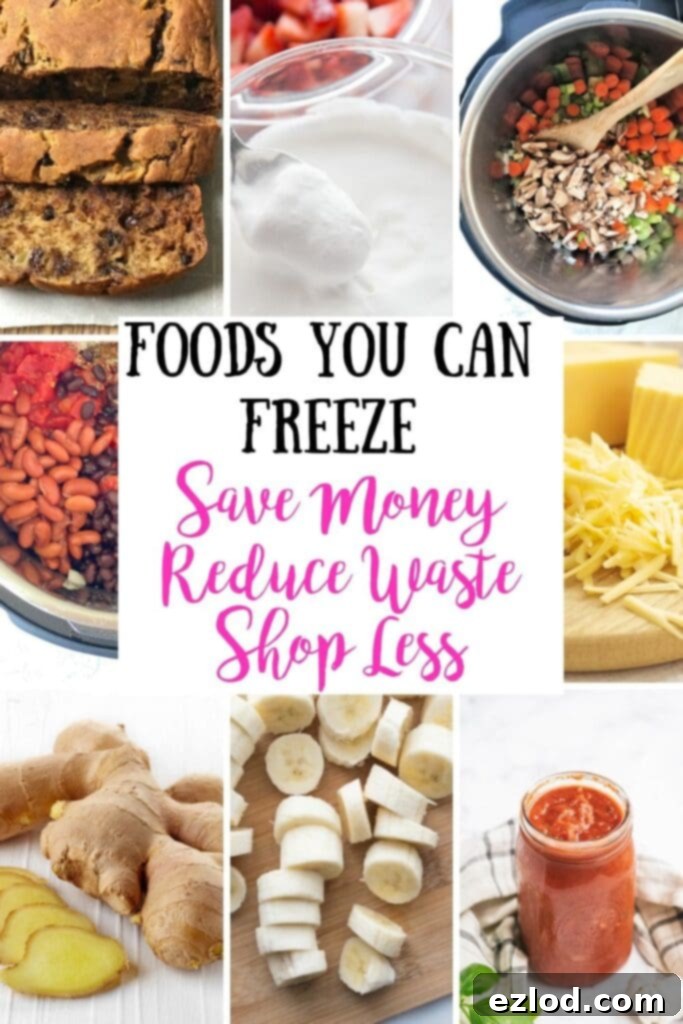 Grid food photo collage, with the text overlay- Foods You Can Freeze | Save Money | Reduce Waste | Shop Less