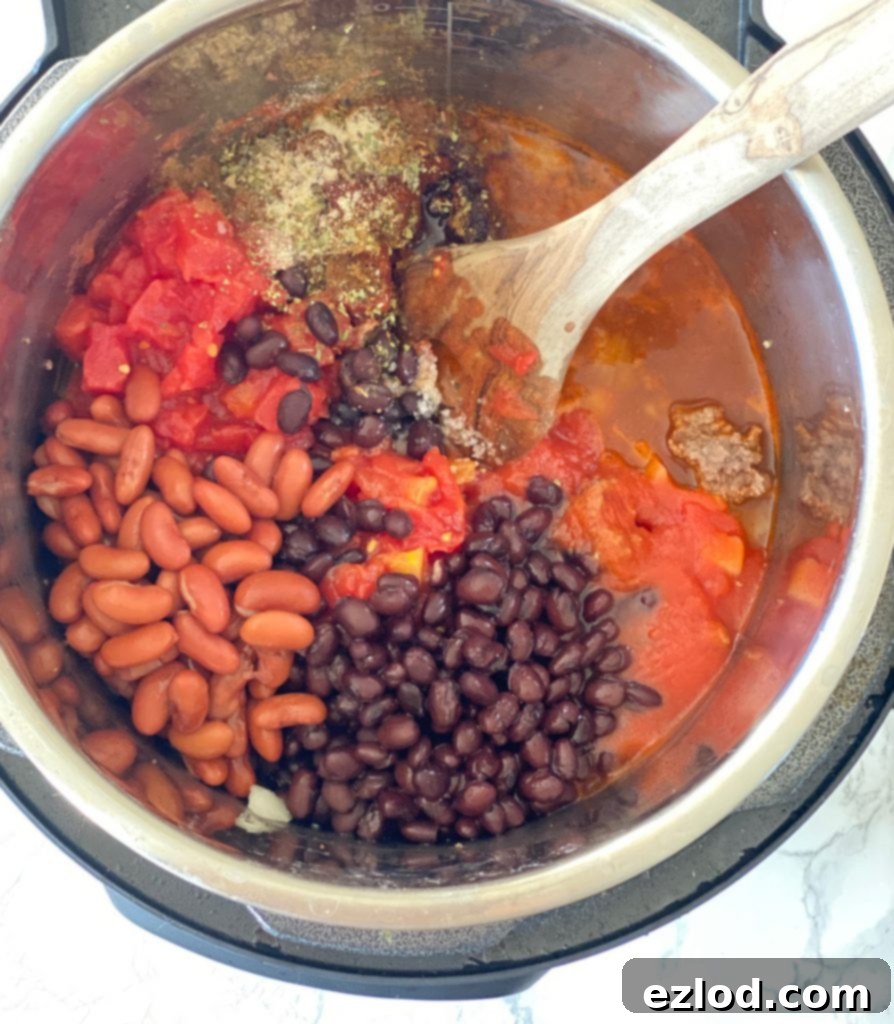 Overhead view of separated ingredients in an instant pot- kidney beans, black beans, canned tomatoes, sauteed ground meat, spices, and broth- with a wooden spoon, ready to stir. These foods freeze really well!