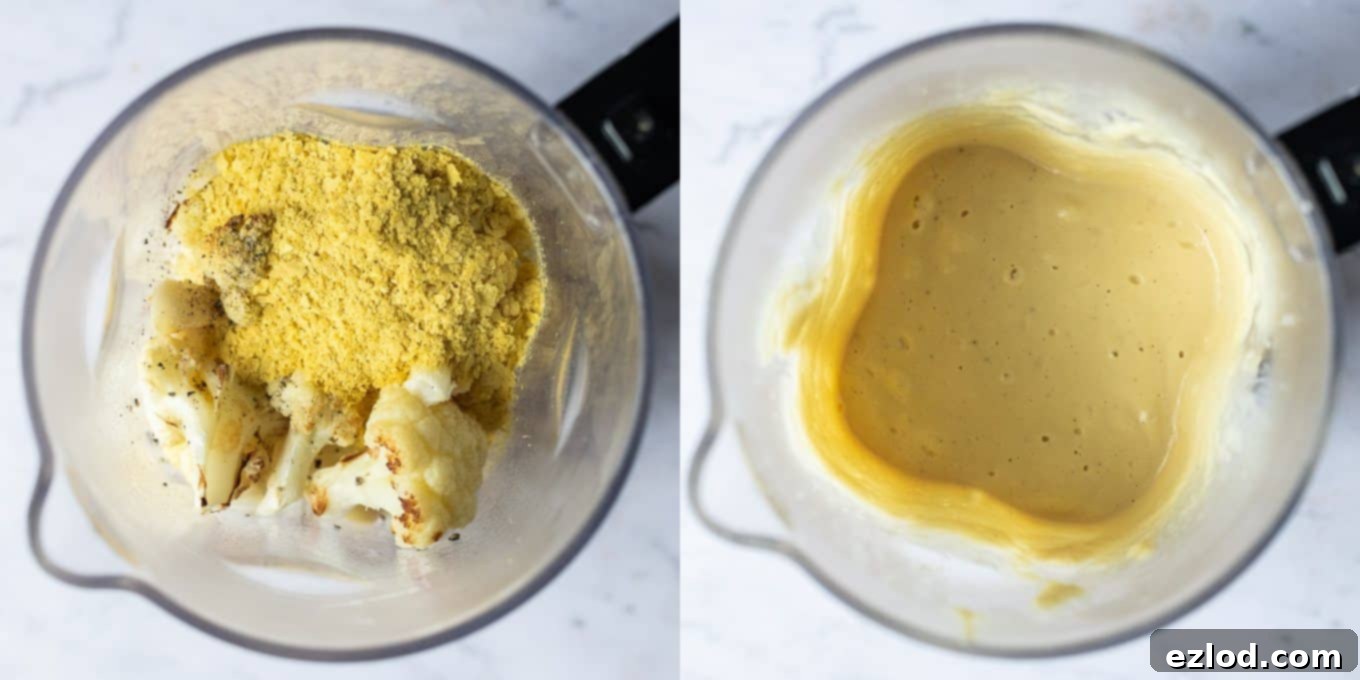Step-by-step image: Roasted cauliflower and garlic being blended with other ingredients to create a smooth, creamy vegan Alfredo sauce.