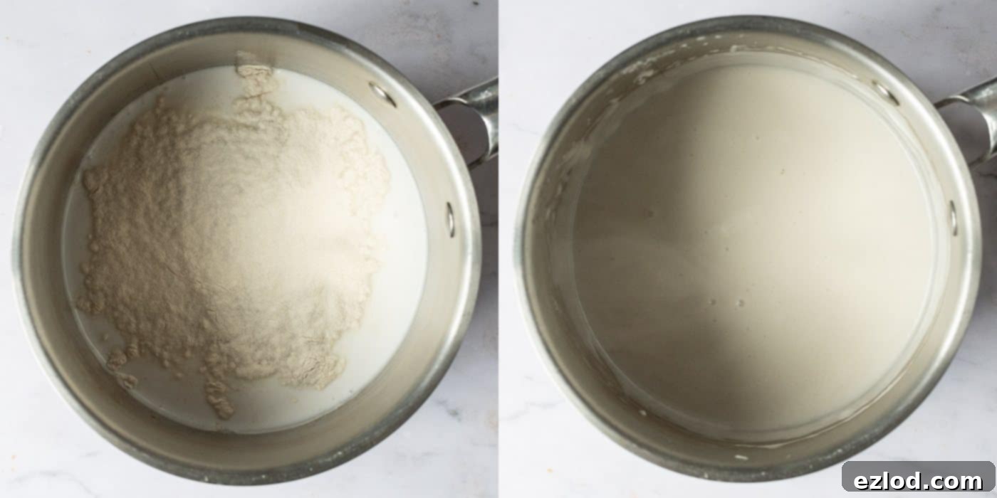 Step 5: Coconut milk and agar agar powder are whisked together in a saucepan on the stove, showing the mixture thickening as the agar agar activates.