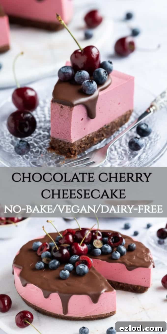 A Pinterest-optimized vertical image of a slice of no-bake vegan chocolate cherry cheesecake topped with fresh berries, with the full cheesecake in the background, set on a marble surface.