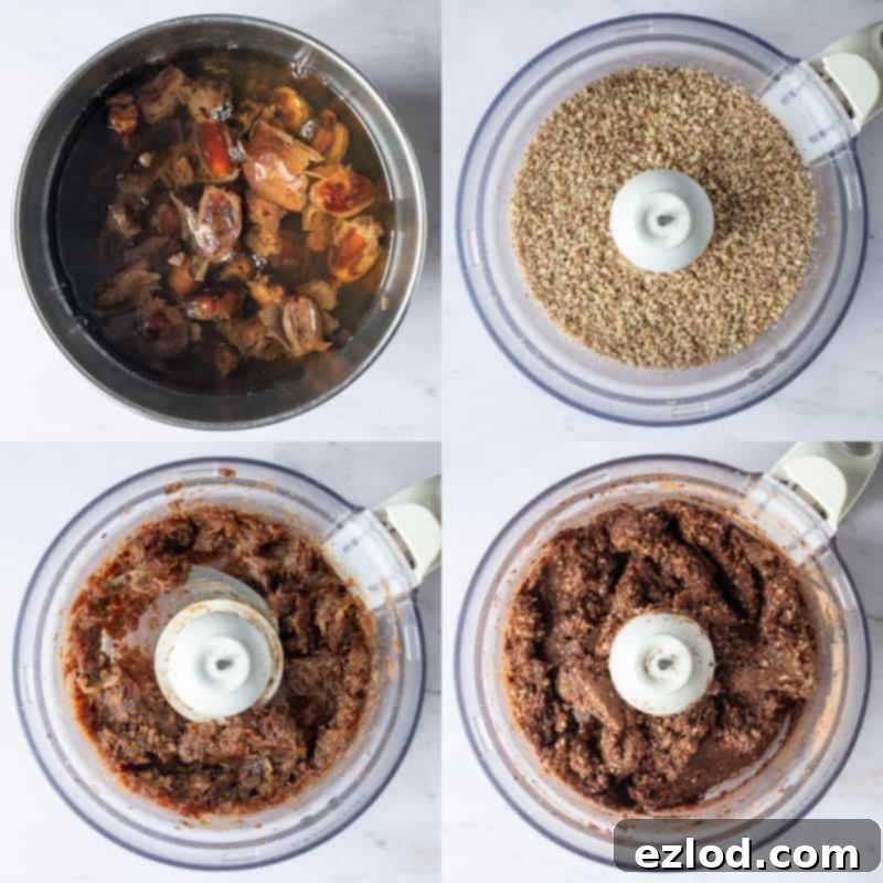 Step 2: A food processor containing the ingredients for the no-bake vegan chocolate cherry cheesecake base – a mixture of nuts, dates, and cacao powder, ready to be blended.