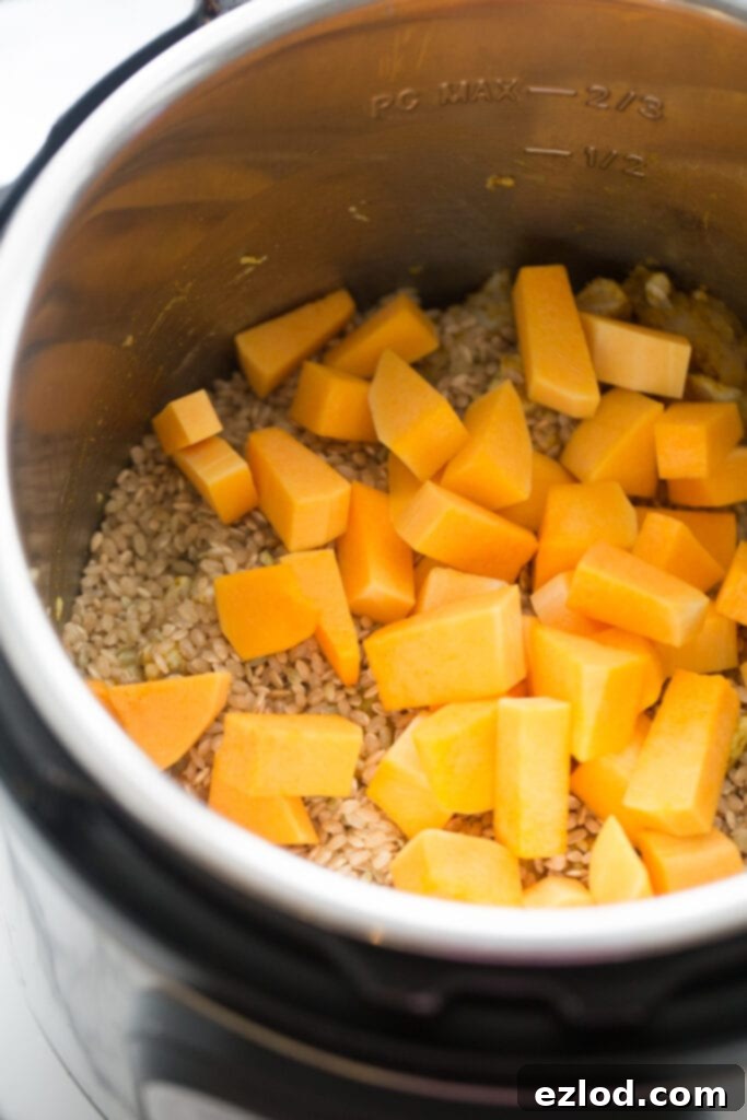An overhead photo of the Instant Pot, showcasing uncooked brown rice evenly distributed with diced frozen butternut squash, ready for pressure cooking.